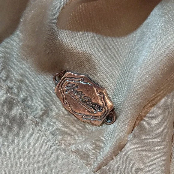 100% Silk Beige Satin Embroidered Tie-Front Top - Picture 12 of 13